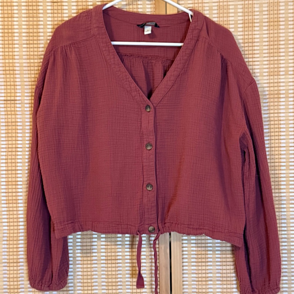 Supplies by Union Bay Womens Mauve Cotton Gauze Button Front Drawstring Top S